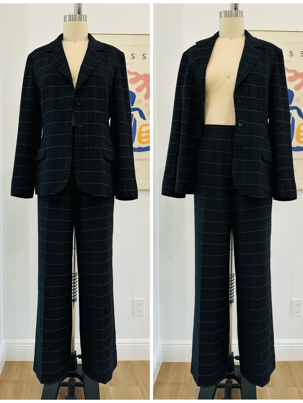 Vintage Black Windowpane Wool Suit Jacket & Pants